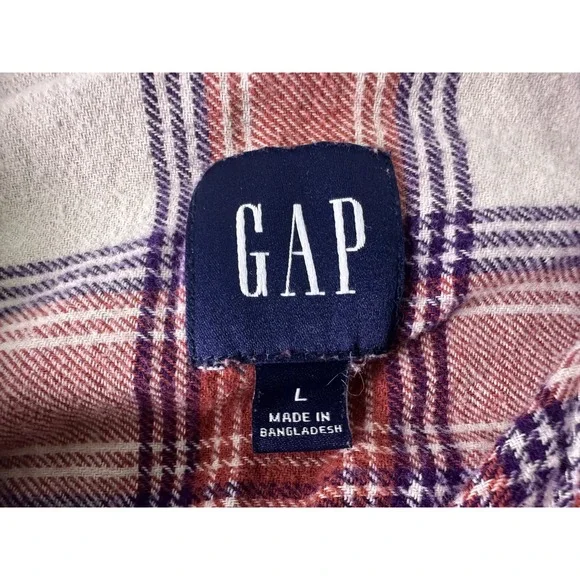 GAP Women Flannel Plaid Shirt Red Cream Blue Long Sleeve Button‎ Up Size L - Picture 4 of 9